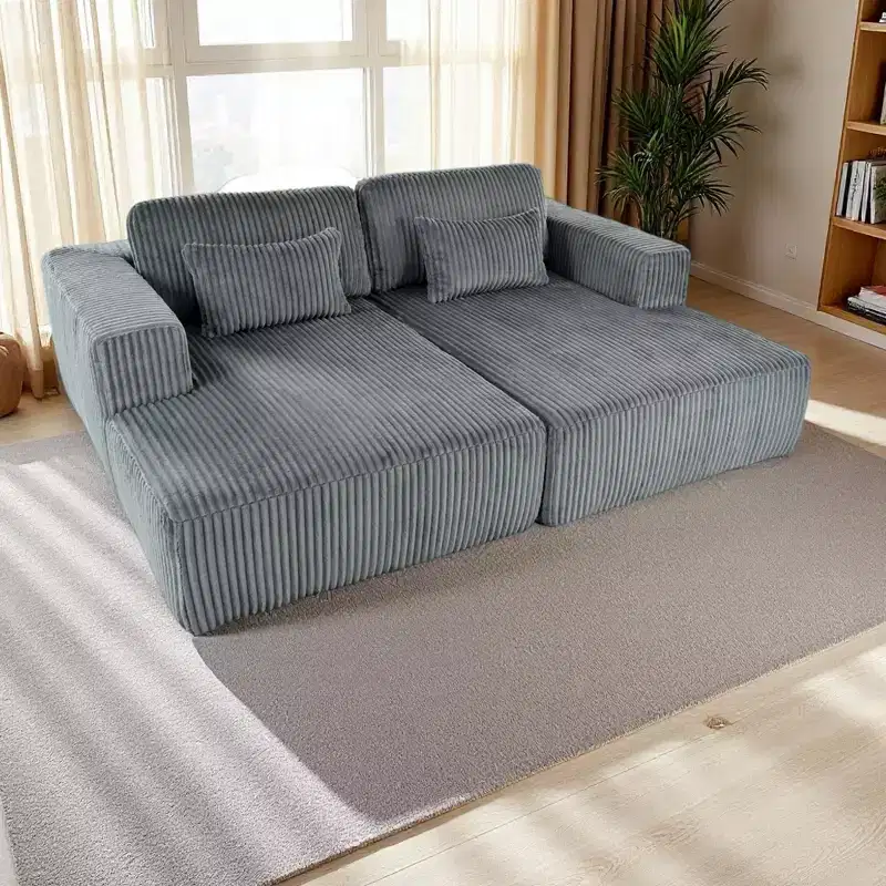 Merax Corduroy Double Sofa Bed with 2 Pillows and Square Armrests