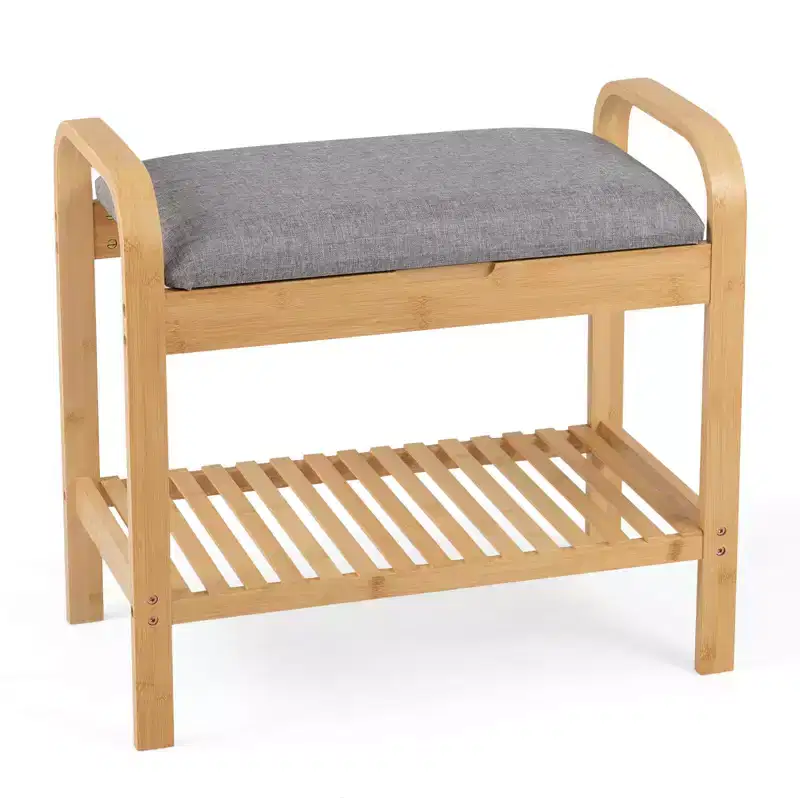 Shoe Rack Bench Bamboo W/Cushioned Seat&Storage Shelf Padded Seat Shoe Bench