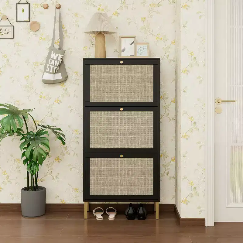 Rattan Shoe Cabinets with 3 Doors Freestanding Modern Shoe Storage Shoe Racl for Entryway Black