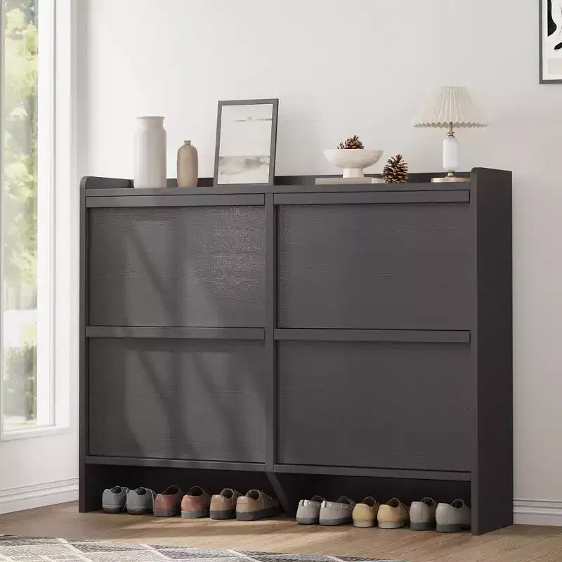 Wooden Shoe Cabinet with 4 Filp Drawers, 2-Tier Slim Shoe Rack with Adjustable and Removable Shelf
