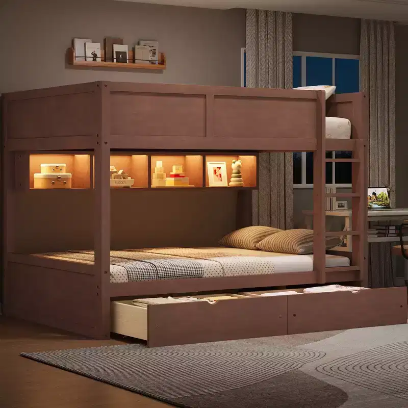 Full XL over Full XL Bunk Bed with Storage Cabinets and 2 Drawers