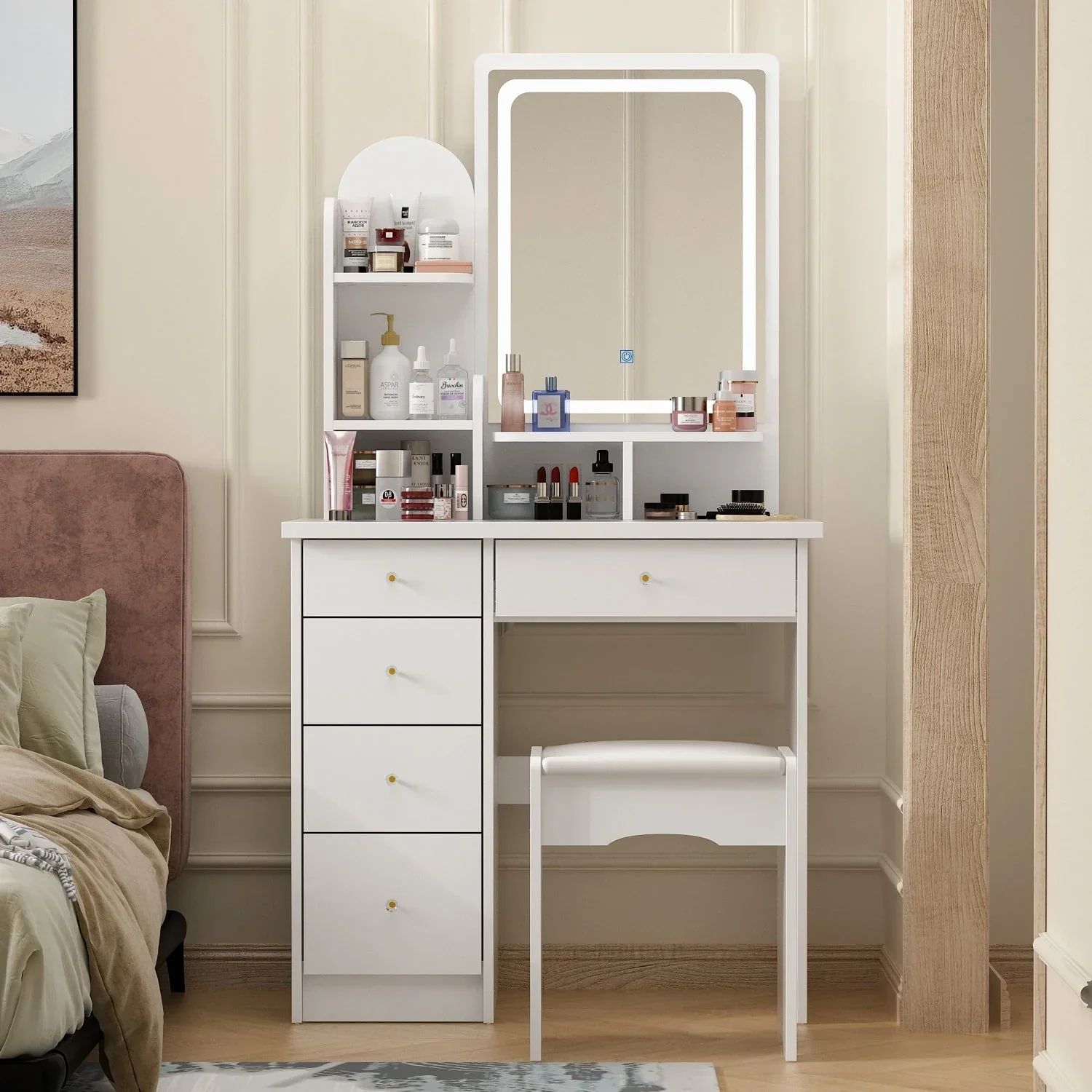 Makeup Vanity Set Table With LED Light &Mirror & Stool