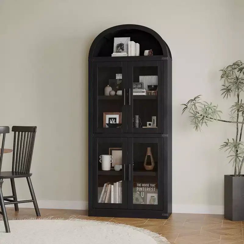 71 Tall Arched Kitchen Pantry Cabinet, Freestanding Cupboard Storage Cabinet, 5 Tier Wood Display Cabinet, Versatile Bookcase, Black Glass Door