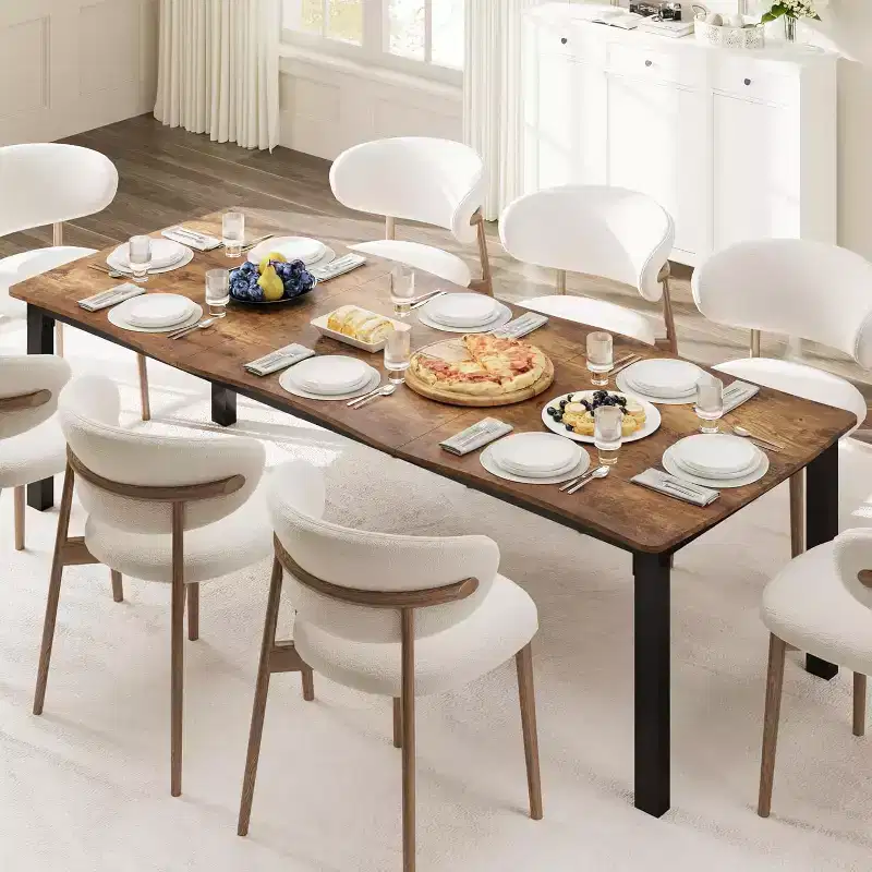 Dining Table with Wave Irregular Edge, 15mm Thick MDF Top & Metal Frame, Wooden Kitchen Table for 6-8, Retro Brown