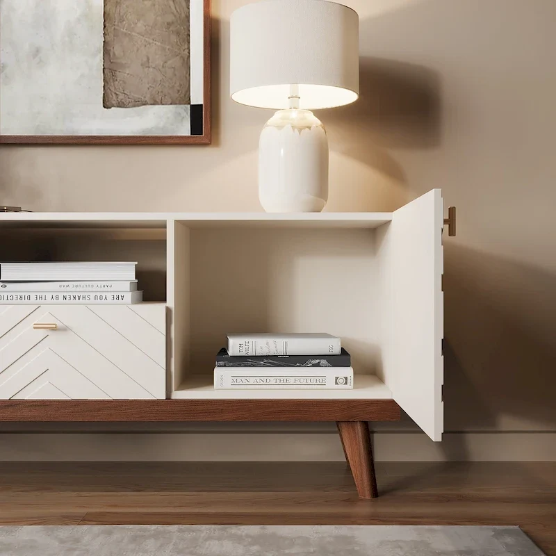 Mid-Century Modern TV Stand Console with Drawer, Beige, Fits TVs up to 65 in, Wood Legs