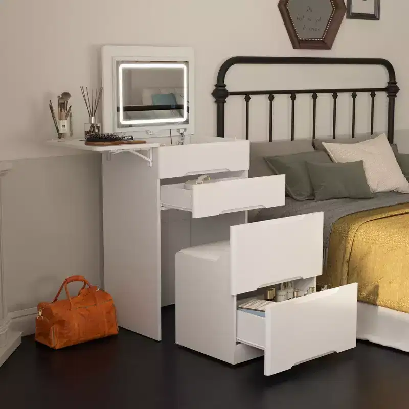 White Foldable Storage Vanity - Compact Makeup Table with Organization