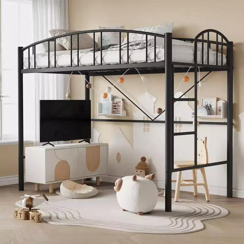 Twin Loft Bed with Stairs & Arched Guardrail, Metal Platform Bed, Space-Saving, No Box Spring Needed, for Kids & Dorm Room