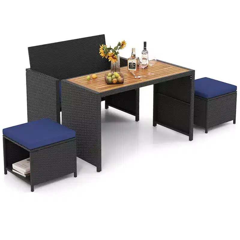 Costway 4 PCS Outdoor Dining Set, Rattan Loveseat Chair & 2 Ottomans Blue