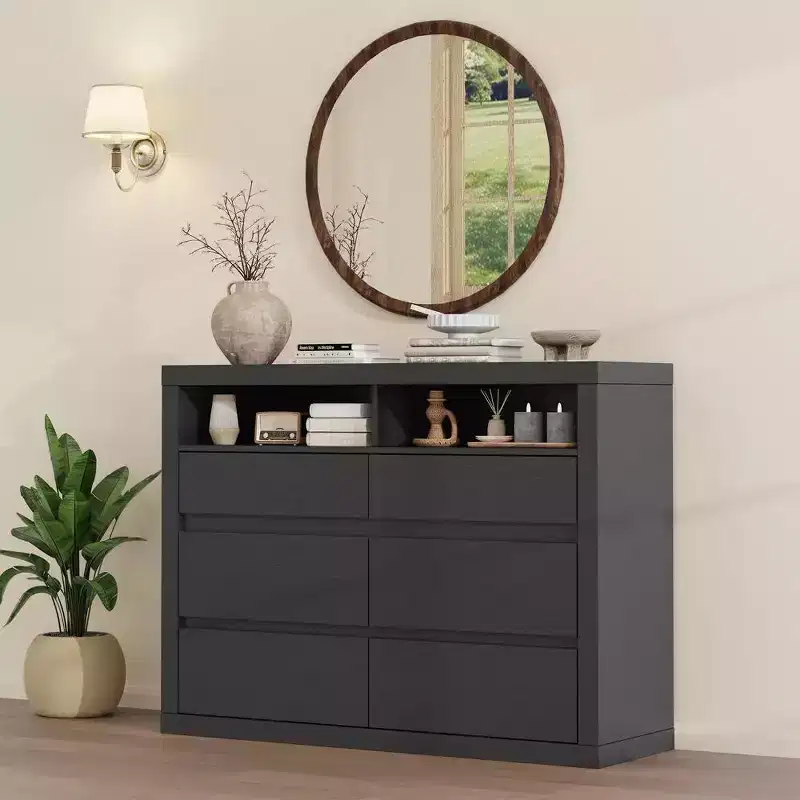 47 Modern 6-Drawer Dresser with 2 Open Shelves, Mid-Century Wood Chest for Bedroom, Living Room TV Stand