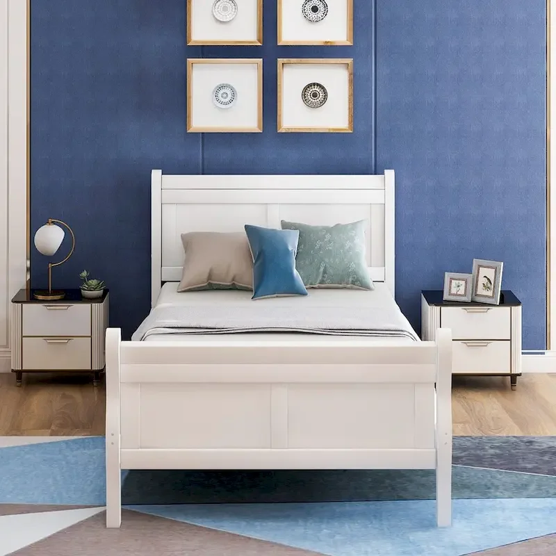 Twin/Full/Queen Wood Frame Sleigh Bed with Footboard