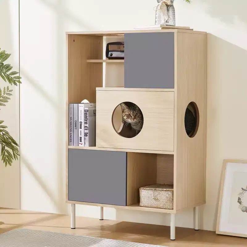 2 in 1 Bookshelf Cat Tree Display Case Cat Litter Box Enclosure Climbing Shelf Bookcase Storage Rack, Natural
