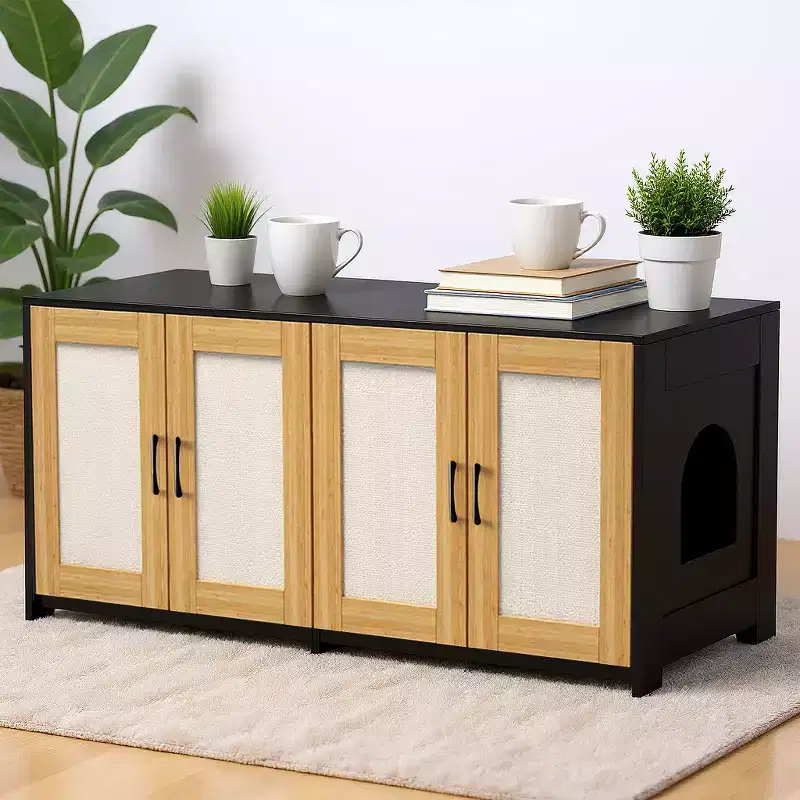 Double Litter Box Enclosure Furniture for 2 Cats | 47.2 Large Hidden Cabinet with Sisal Doors, Multi-Functional Cat TV Stand/Side Table