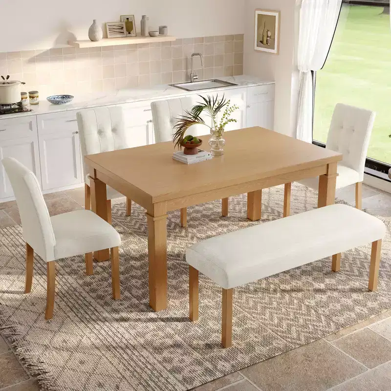 MAYEERTY 6-Piece Modern Dining Set, Rectangle Table, 4 Chairs & Bench