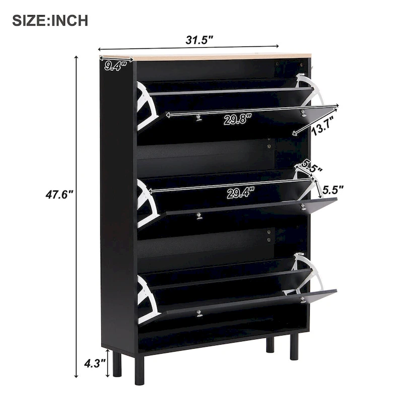 Shoe Cabinet with 3 Flip Drawers,Wood Grain Pattern with 3 Hooks,Free Standing Shoe Rack with Adjustable Panel