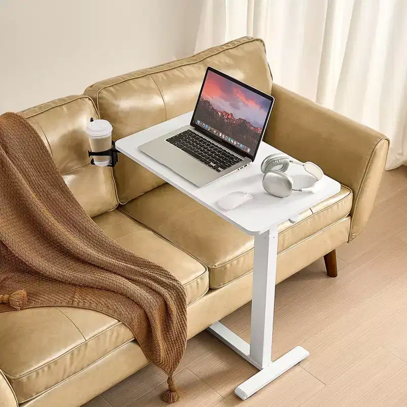 Overbed Table, Mobile Bed Side Table with Hidden Wheels, Height Adjustable Rolling Laptop Desk with Cup Holder, White