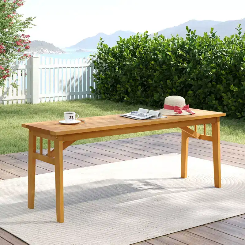 Costway Acacia Wood Outdoor Bench 48 Long Backless Wooden Picnic Bench w/ Slatted Seat