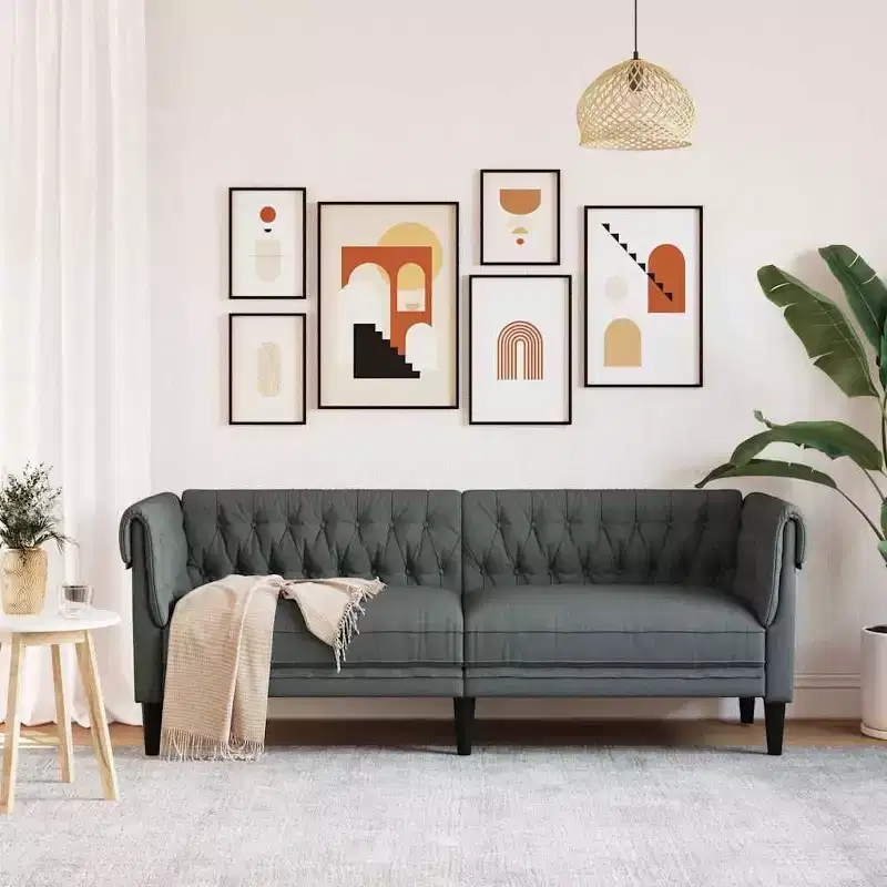 vidaXL Chesterfield Sofa 3-Seater - Dark Gray Fabric Couch/Settee with Sturdy Wood Frame for Living Room/Lounge/Office
