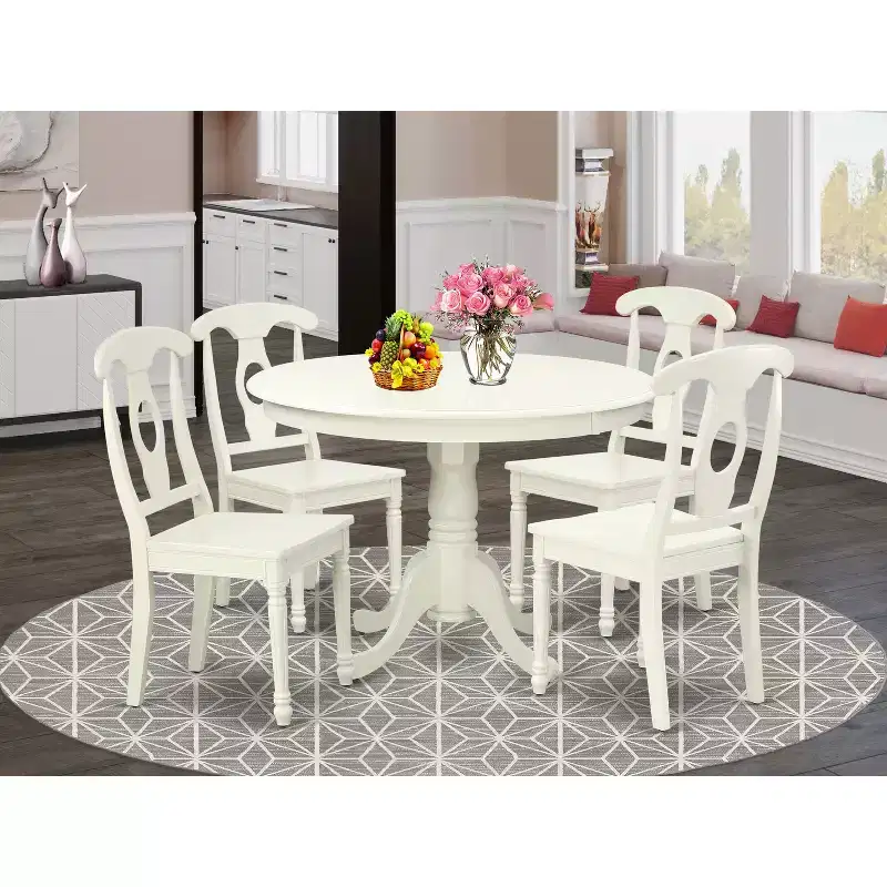 HomeStock Belmont 5PC Round 42 inch Table and 4 Panel Back Chairs, Linen White