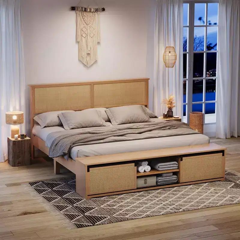 Natural Rattan Bed Frame, with Sliding Barn Door Storage Cabinets