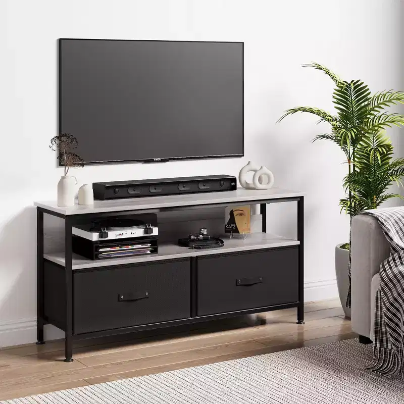 TV Stand with 2 Fabric Drawers for 55 Inch TV Entertainment Center with Storage Cabinets Media Console with Open Shelf Entertainment Stand