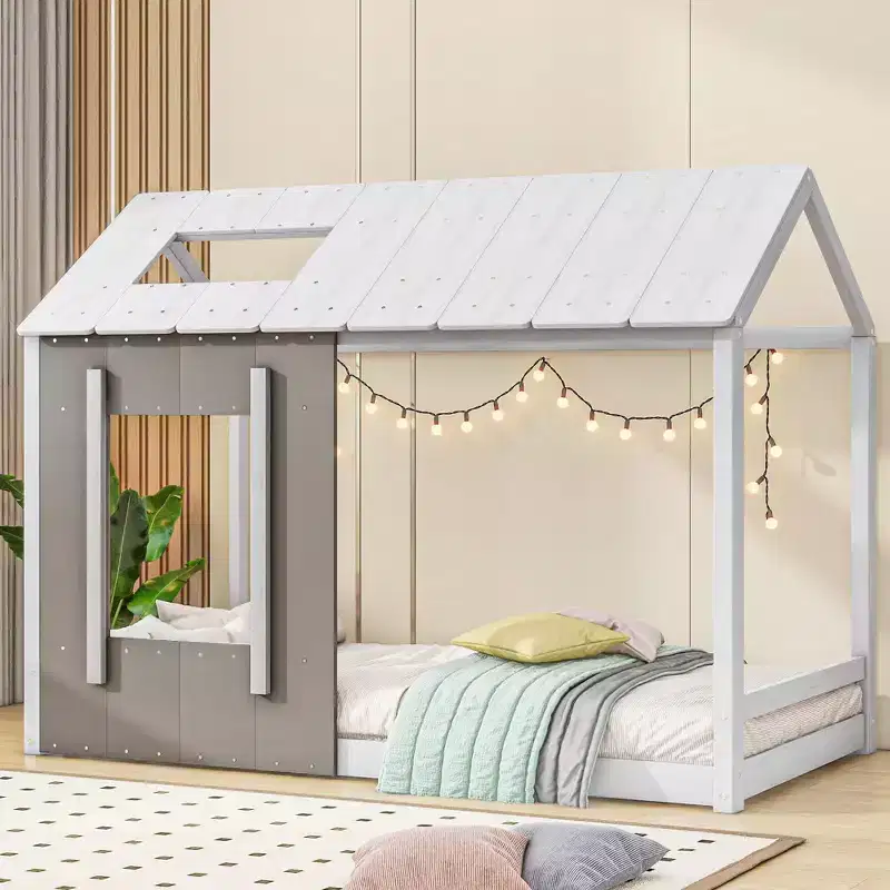 Twin Size Platform Bed with Roof and Window House Bed Frame, No Box Spring Required Twin Size Bedframe for Bedroom, Children's Room, Kids Room