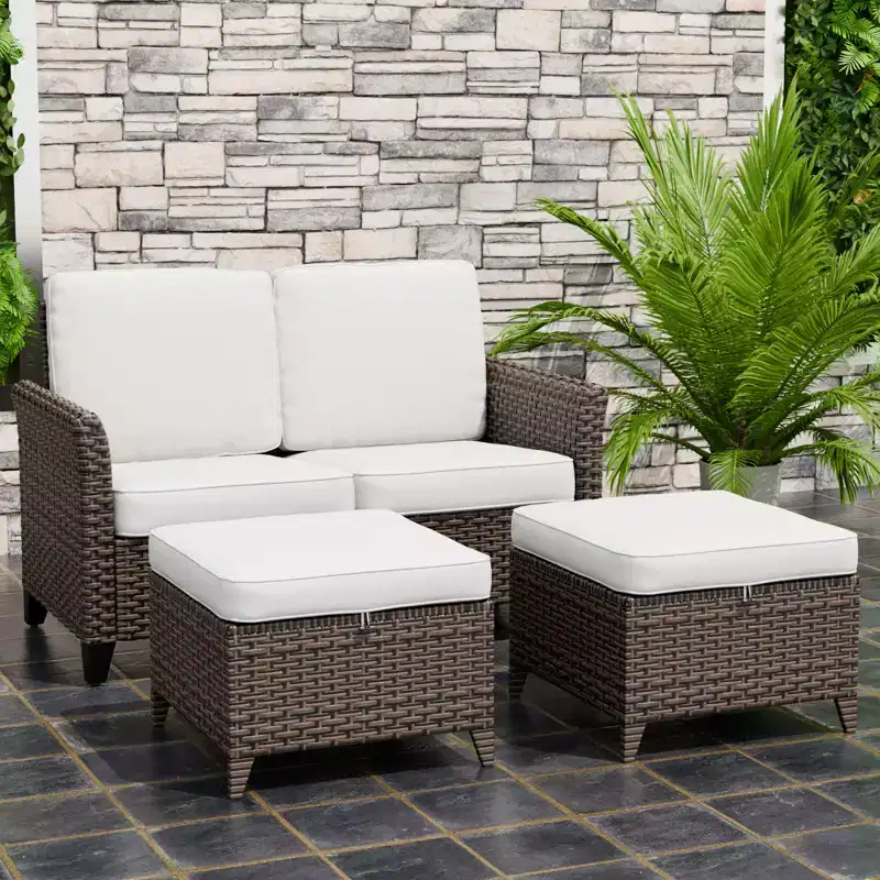 EAGLE PEAK Ocean Vista 3 piece Outdoor Wicker Loveseat Sofa, Variated Wicker Conversation Loveseat Set with Ottoman
