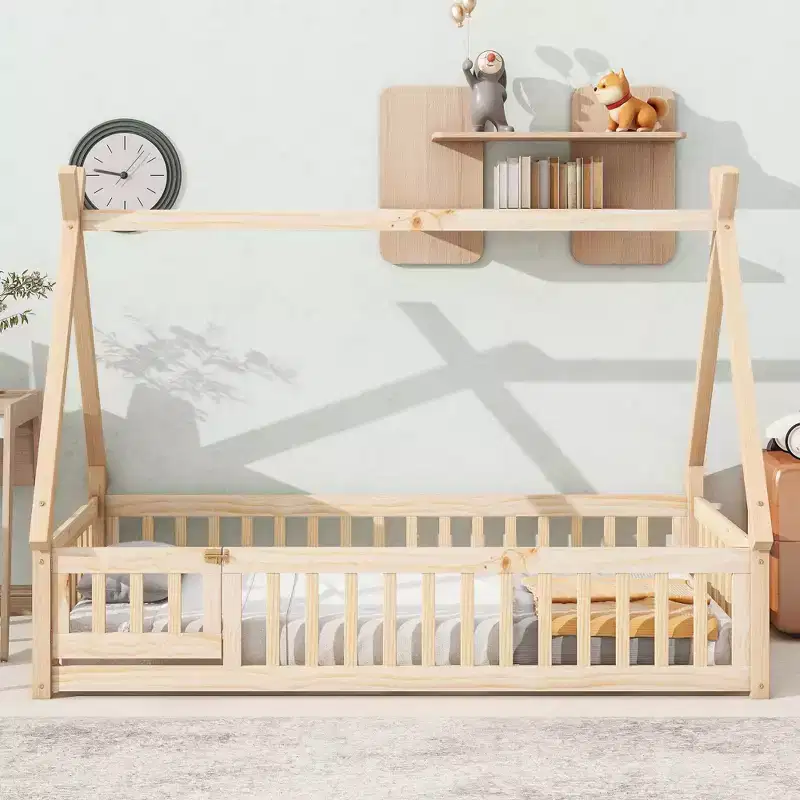 MAYEERTY Twin Tent-shaped Floor Bed with Safety Guardrails Beige