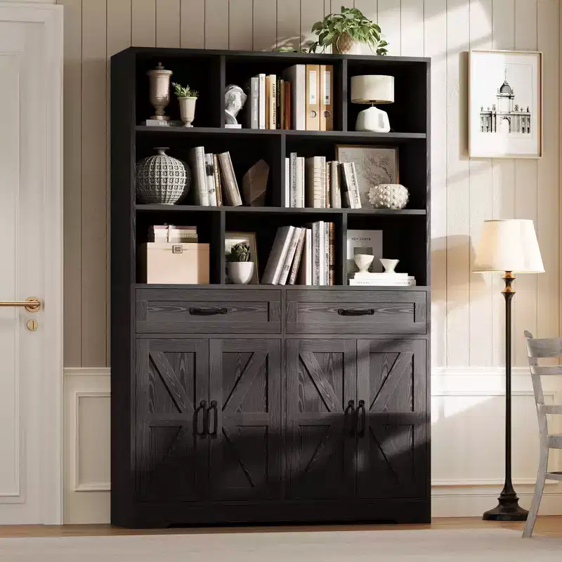 71in Tall Bookcase with 2 Drawers & 4 Doors, 6-Tier 47in Wide Large Modern Bookshelf Storage Cabinet with Shelves for Home Living Room Office