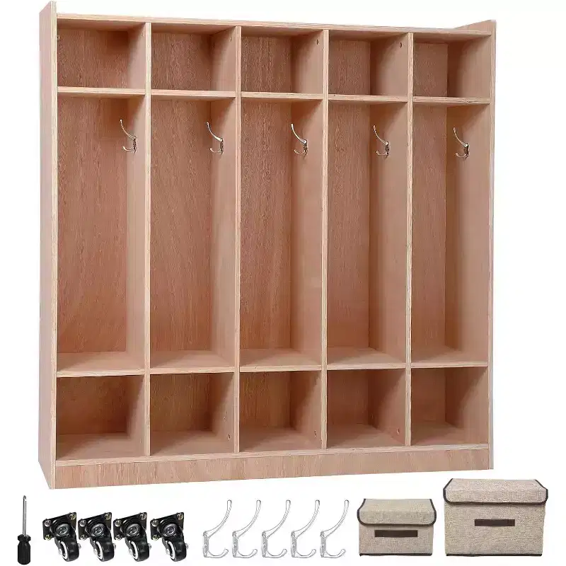 5 Section Wooden Kids Coat Locker Cubby with 5 Hooks, 4 Wheels, 2 Organizers, Toddler Sized Daycare Storage for Homeschool or Kindergarten