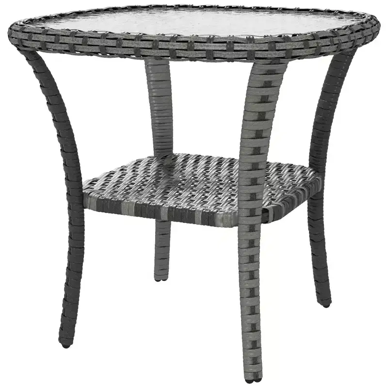 Outdoor Wicker Coffee Table with Storage Shelf – Hand-Woven Side Table with Water-Ripple Glass Top