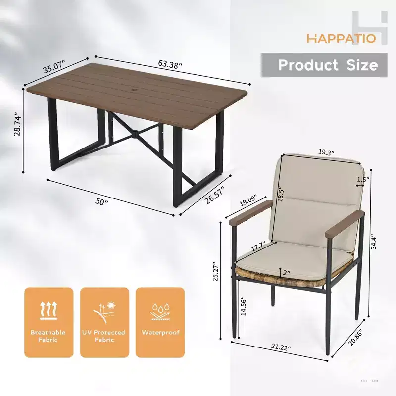 HAPPATIO 7 Piece Patio Dining Set Outdoor, 6 Wicker Chairs with Aluminum Frame and Olefin Cushions, Wooden Dining Table for Backyard Garden Porch