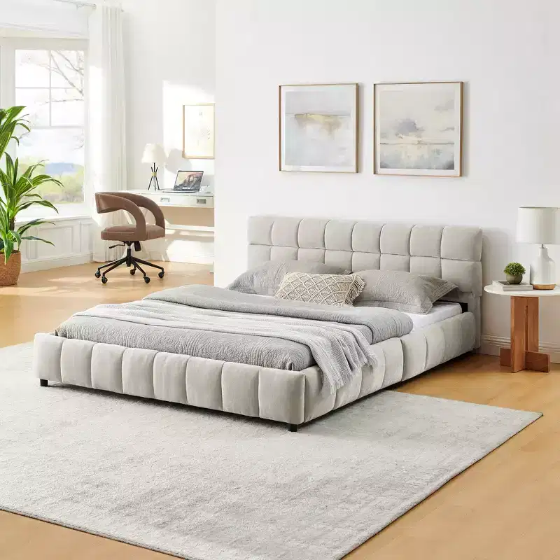 Queen/King/California King Size Upholstered Bed Frame with Storage Drawers, Chenille Platform Bed with Headboard and Solid Frame for Bedroom