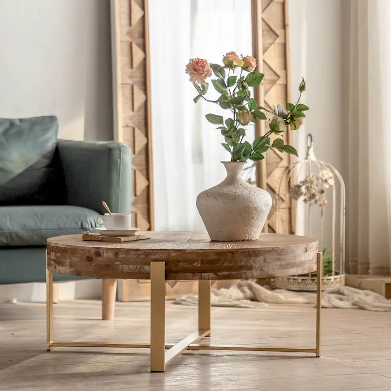 31.29Modern Retro Splicing Round Coffee Table , Fir Wood Table Top with Cross Legs Metal Base