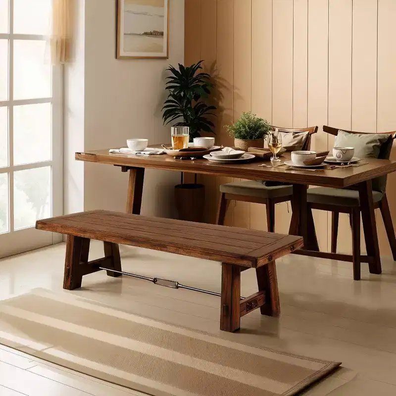 Royal Hampton Wooden Bench | Rustic Brown Mahogany Wood, Angled Legs | Turnbuckle Accents | 64