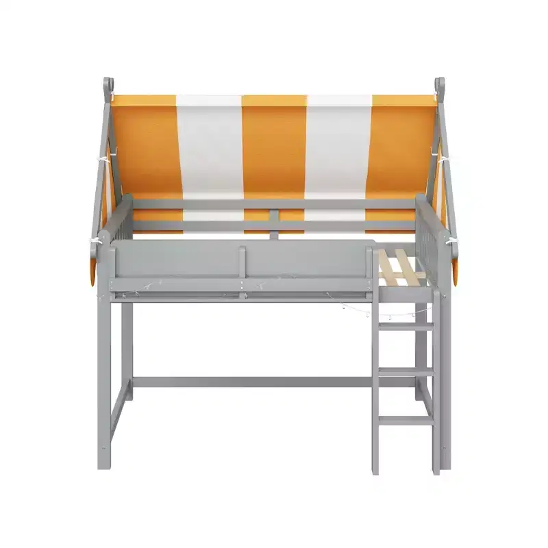 Polibi Canopy Loft Bed with LED String Lights & Front Bookshelf