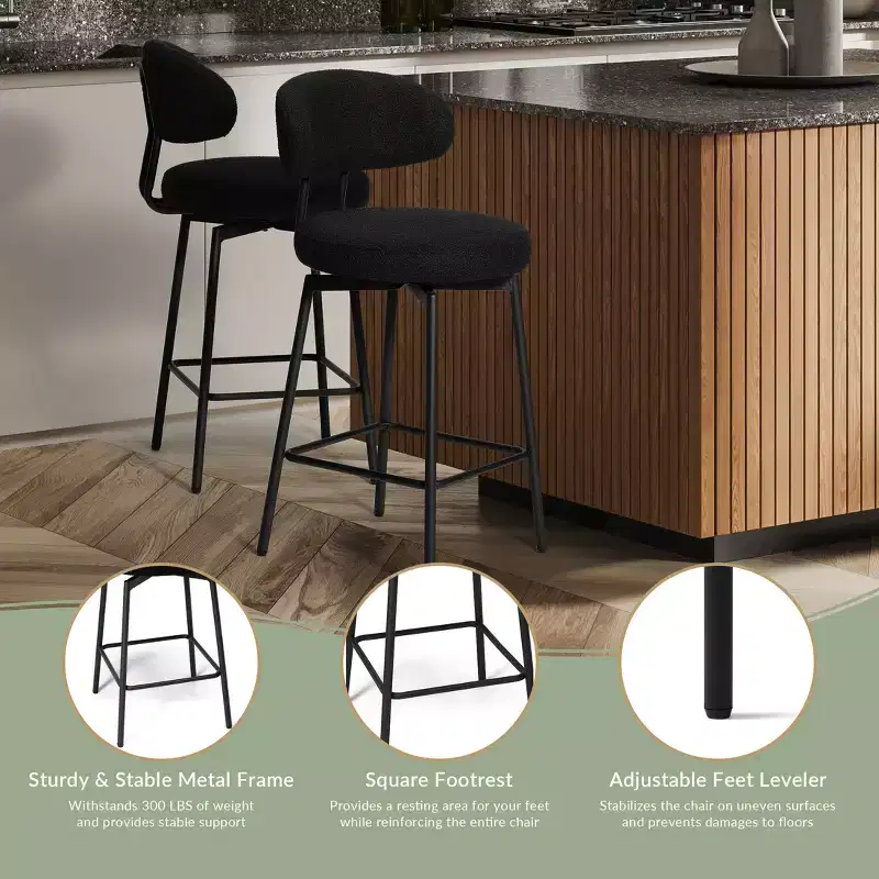 Modern Upholstered Faux Shearling Fabric Counter Height Bar Stools with Back (Set of 2