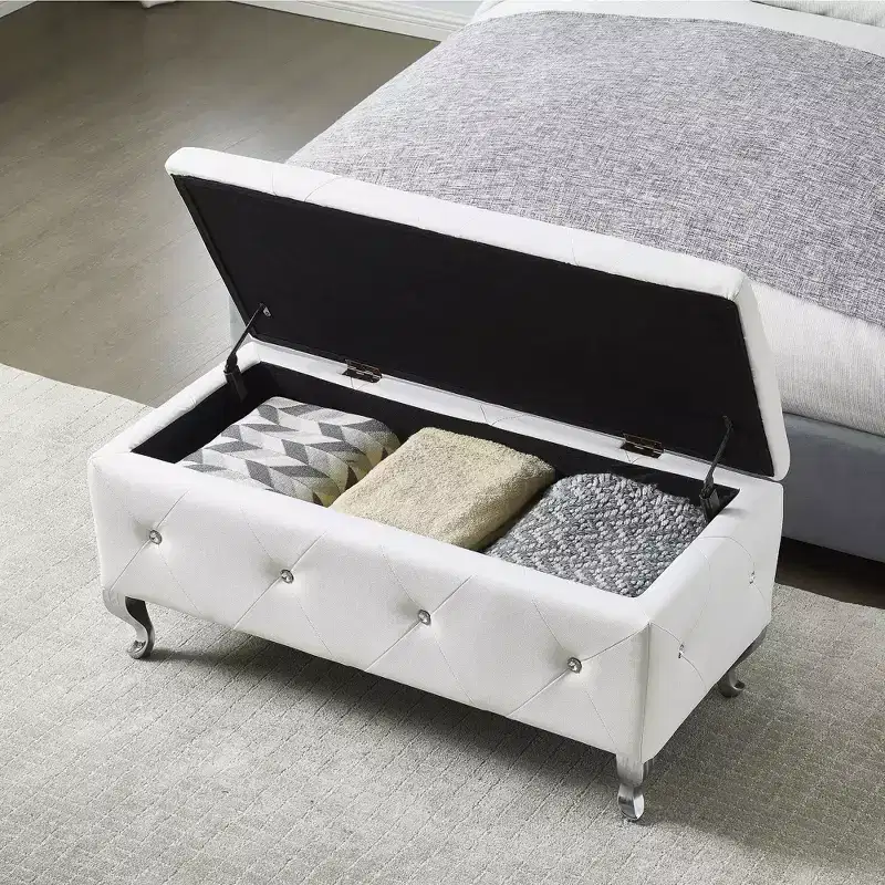 TUYOHW White Faux Leather Storage Ottoman Bench,Ottoman with Crystal Buttons,Metal Legs,Upholstered Rectangular Footrest Bench for Bedroom,Living Room