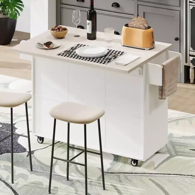 Okak Kitchen Island with Trash Cabinet, Countertop Organizer with Drop Leaf, Spice Rack, Towel Rack and Adjustable Shelf, Kitchen Cart, White
