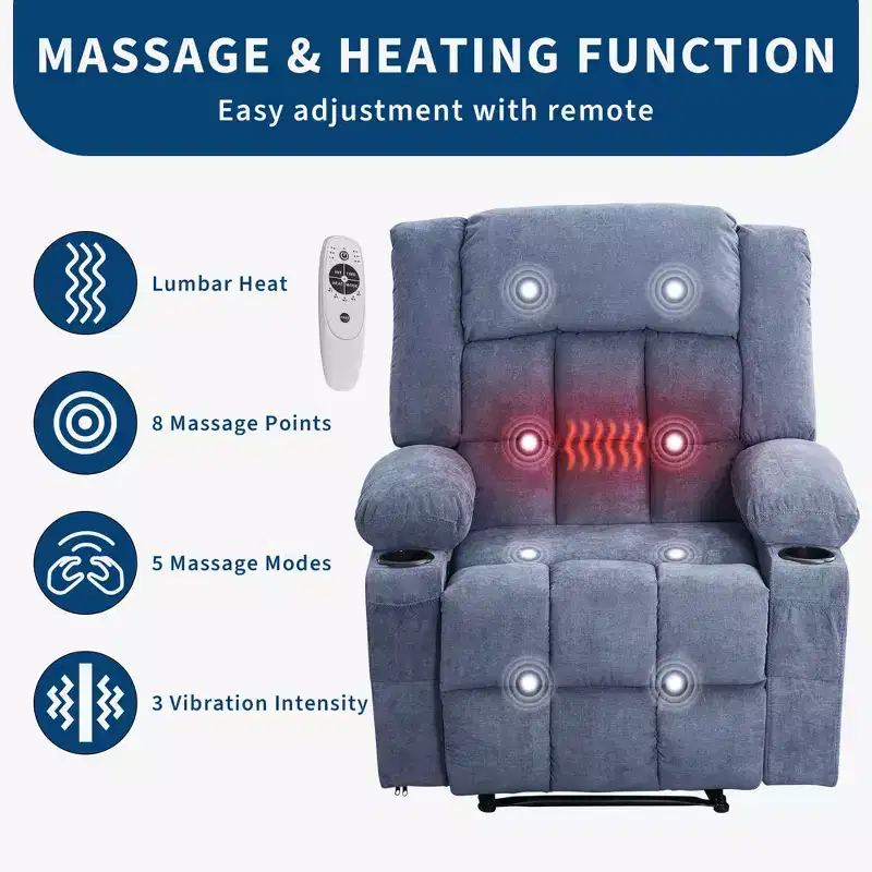 Massage Recliner Chair with Vibration and Lumbar Heat for Adults Large Widen Ergonomic ,Single Sofa Seat with 3 Positions 2 Side Pockets Cup Holders