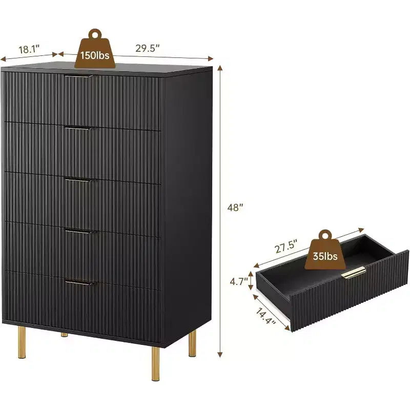 Modern 5 Drawer Dresser for Bedroom with Gold Handle and Large Drawer, Wood Double Chest of Drawers and Storage Organizer for Home
