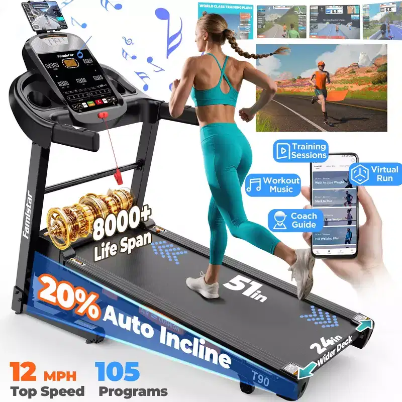 5HP Folding Treadmill 300-400lb Capacity with 20% Auto Incline, 12MPH Fast Speed, 96+5+3+1 Smart Program, APP Control, Walking Running Home Treadmill