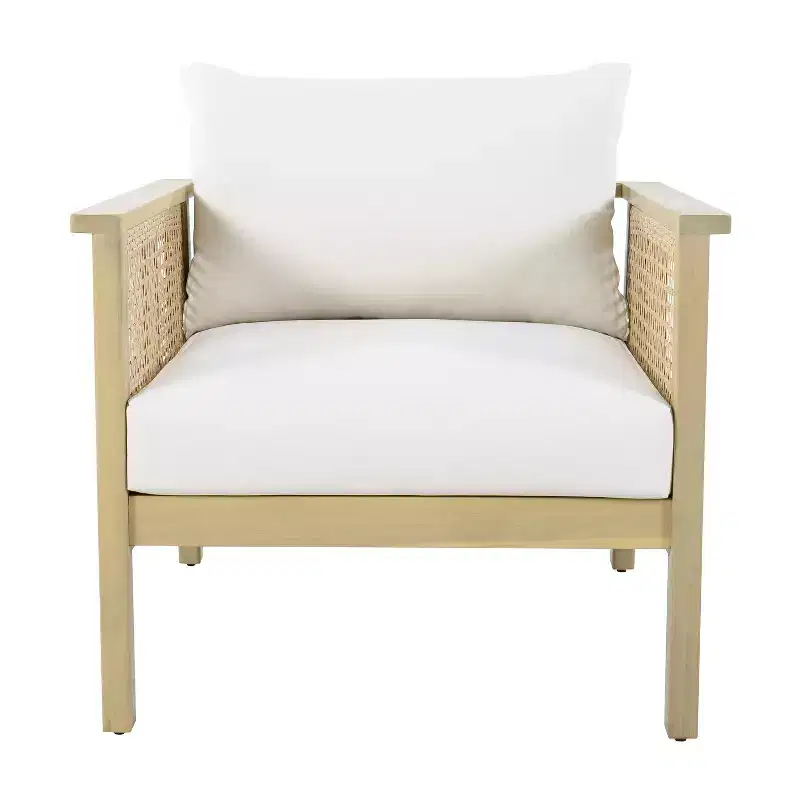 ModernLuxe Outdoor Acacia Wood Club Chair with PE Wicker Accents, Boho Modern Patio Armchair with Waterproof Cushions, Light Teak+Cream