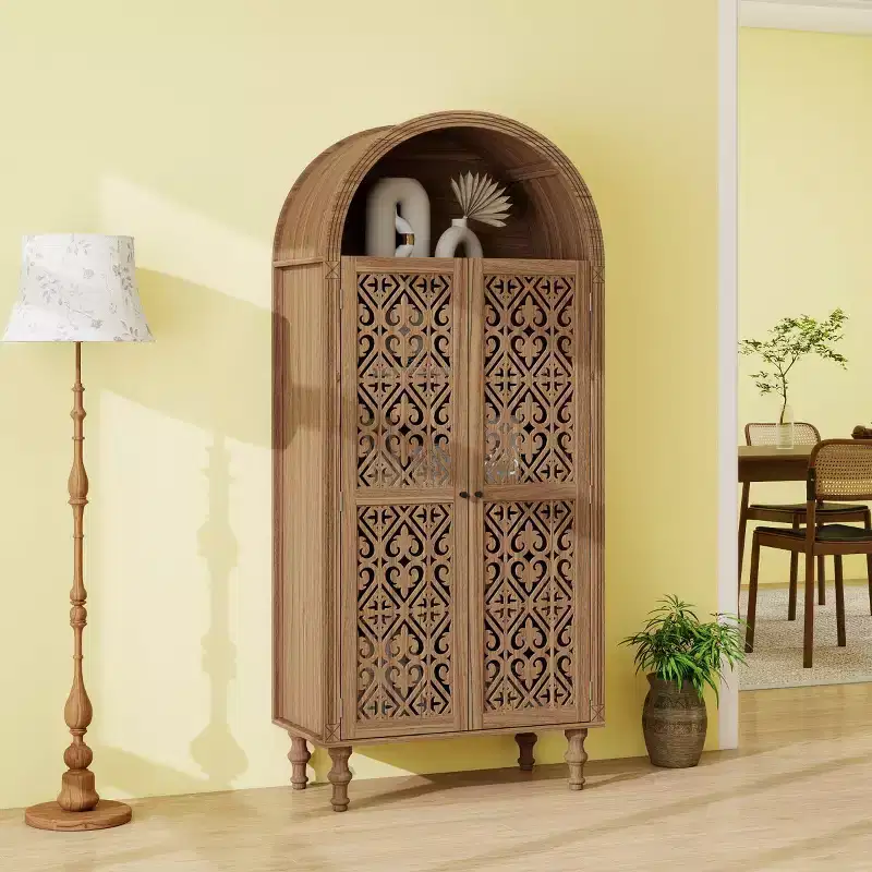 70 Arched Boho Kitchen Pantry Cabinet, Tall Carved Engineered Wood Storage Cabinet with Hollow Doors and Shelves - Panipeachy