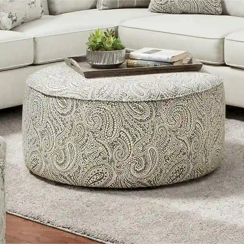 Transitional Ivory Chenille Paisley Print Cocktail Ottoman | Living Room Footrest