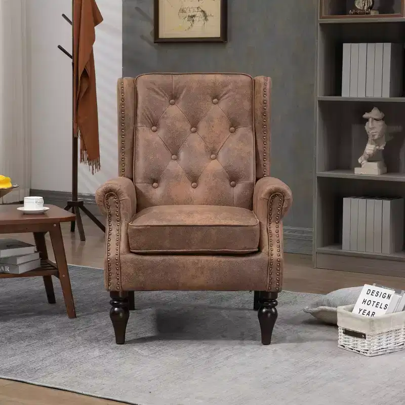 Wood Frame Armchair, Sturdy Wood Legs, Living Room Bedroom, Black PU