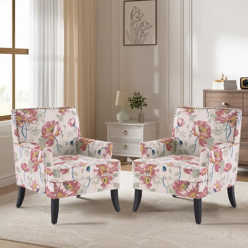 Club Chair Linen Upholstered Accent Armchair with Nailhead Trim and Wood Legs, Rivets design