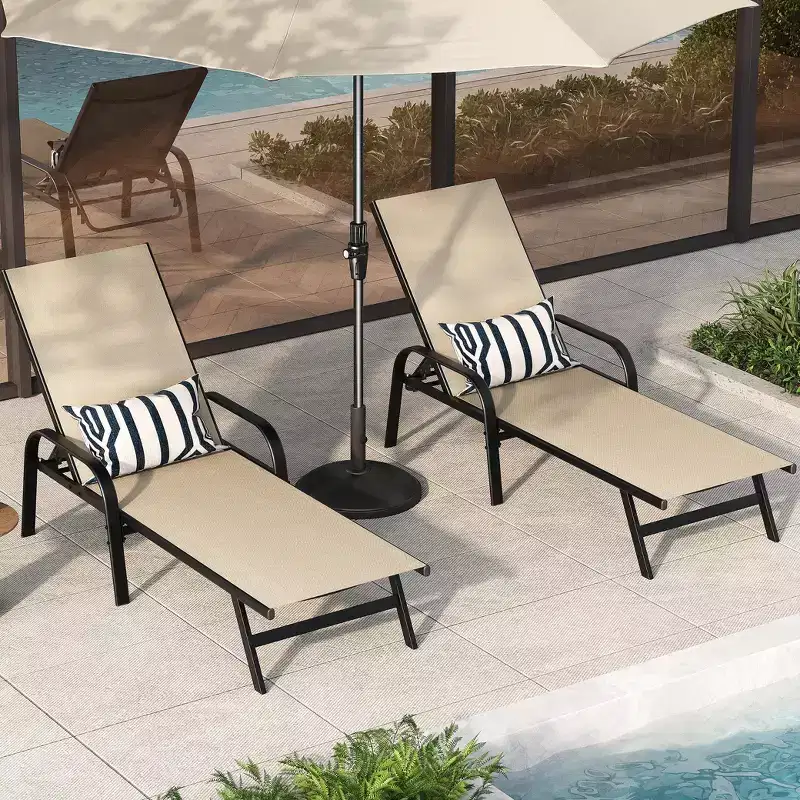 Set of 2 Outdoor Patio Chaise Lounge Chairs, 5-Position Adjustable Reclining Chairs with Textilene Fabric, Poolside Loungers for Garden & Balcony