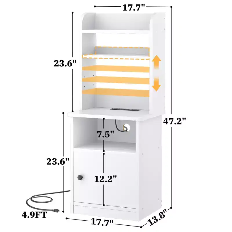 47 Adjustable Bookshelf with Hutch, Nightstand with Charging Station, LED Lights