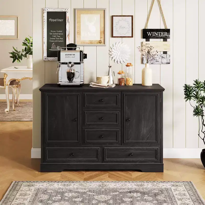 Sideboard Buffet Cabinet with 5 Drawers, 2 Doors, 47 Kitchen Storage Cabinet, Coffee Bar Cabinet with Adjustable Shelves for Dining Room Living Room