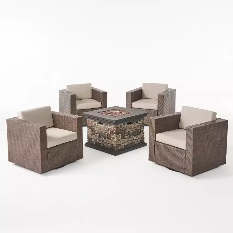 GDFStudio Venice Outdoor Wicker 5 Piece Swivel Club Chair and Fire Pit Set